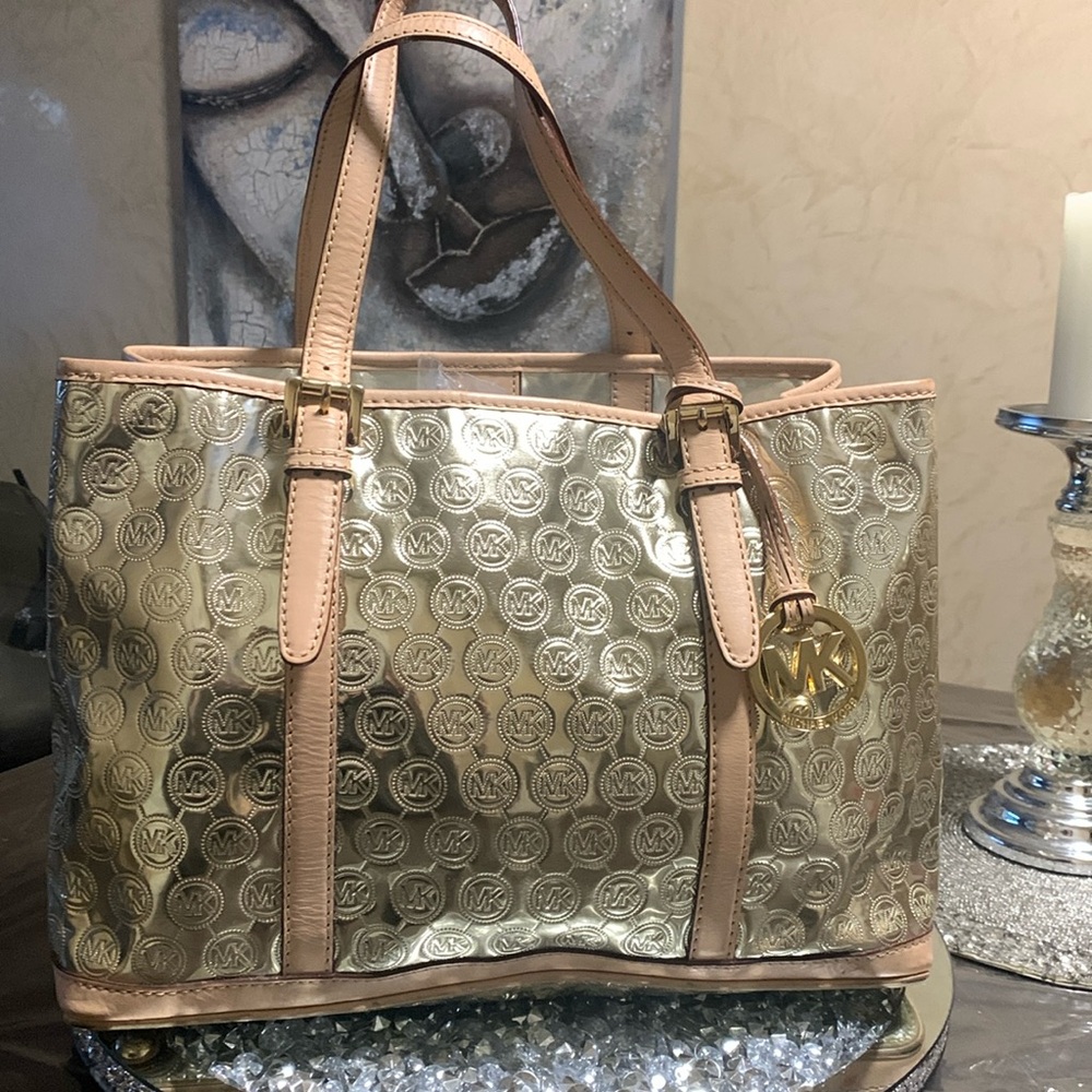 MICHAEL KORS Gold Mirror Metallic Signature Logo Tote